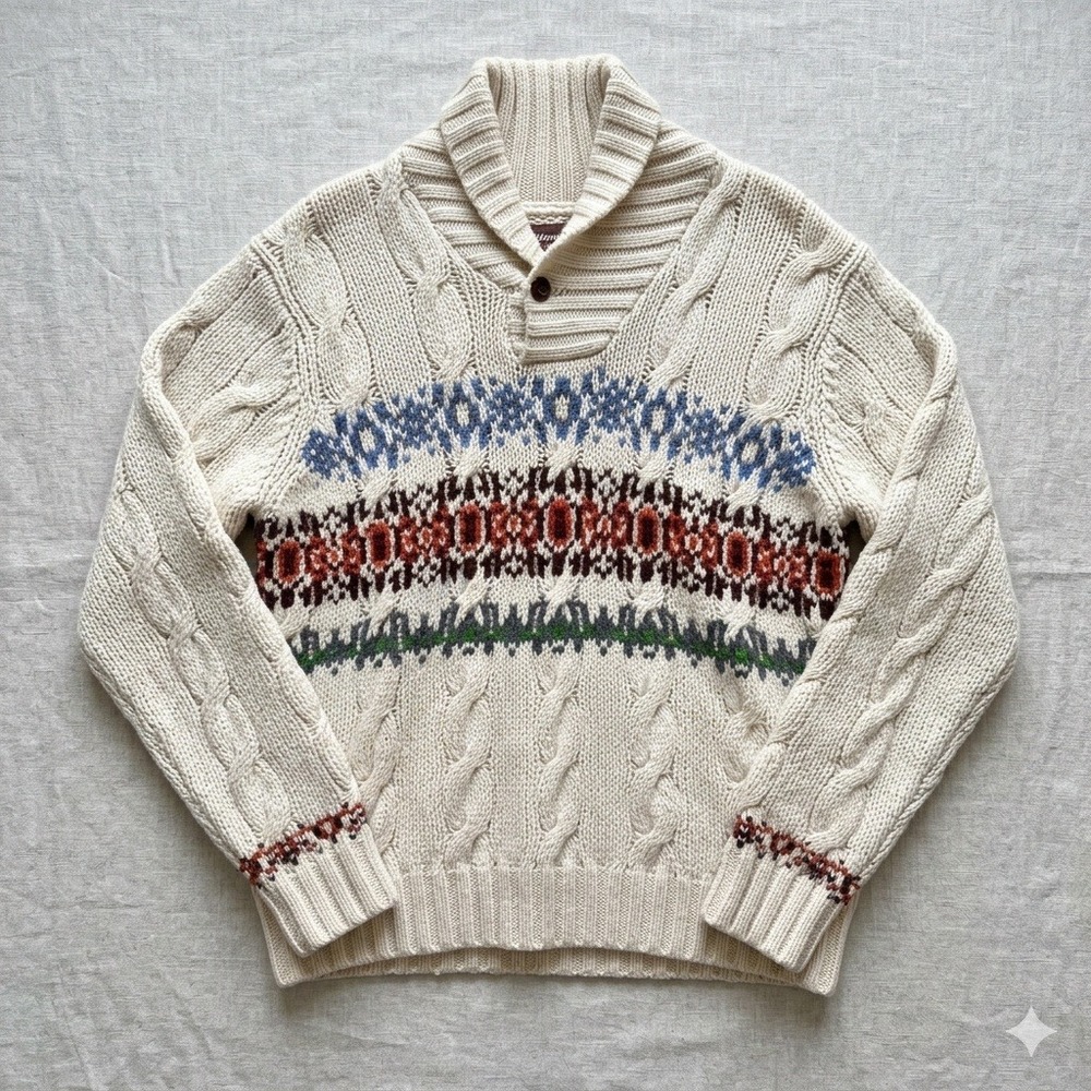 Original Penguin Sweater Mens XL Cream Wool Fair Isle Cable Knit‎ Grandpa Core